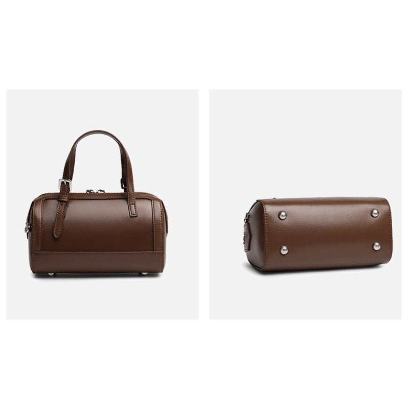 Retro Maillard Genuine Leather Boston Barrel Bag