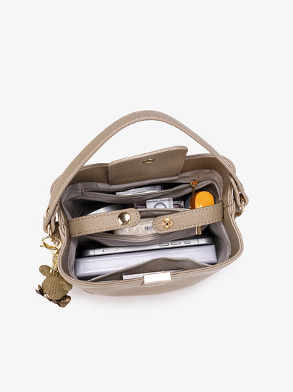 Minimalist Pebbled Vegan Eco-Leather Bucket Clutch Bag with Bear Charm
