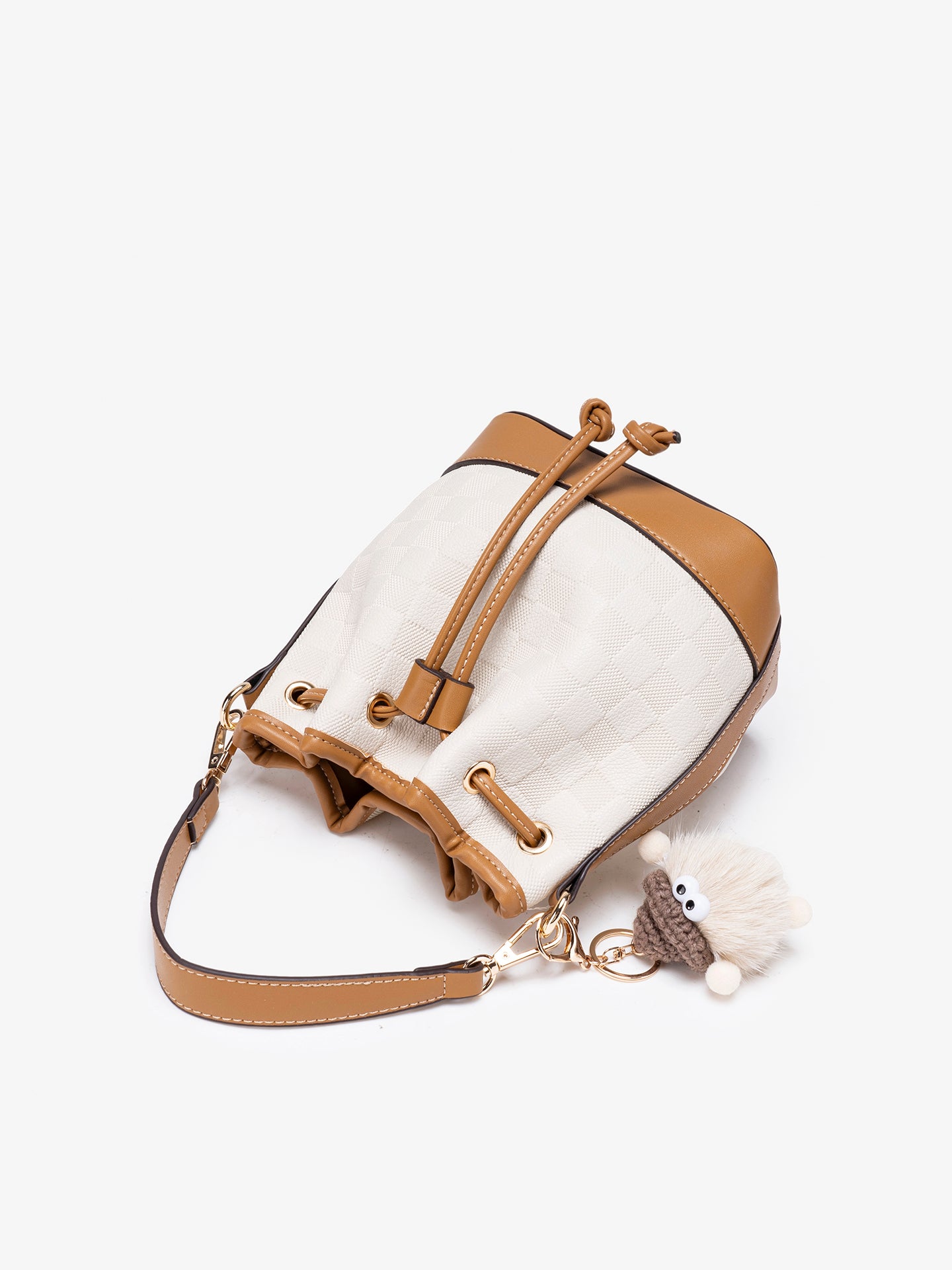 Vintage Checkerboard Vegan Eco-Leather Bucket Clutch Bag with Fluffy Charm