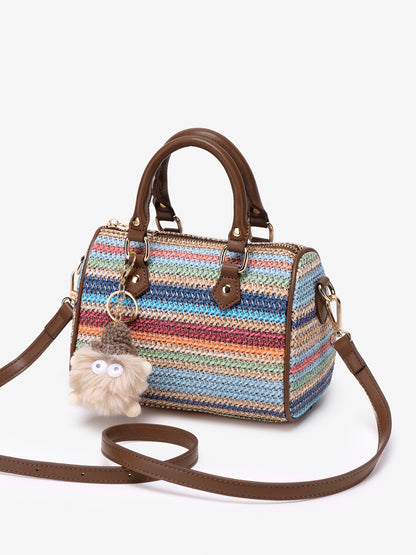 Romantic Striped Woven Vegan Eco‑Leather Mini Boston Clutch Bag