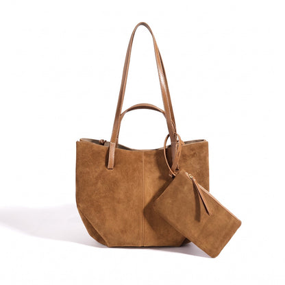Geantă clutch tote vintage din piele întoarsă naturală, cu portmoneu pentru monede