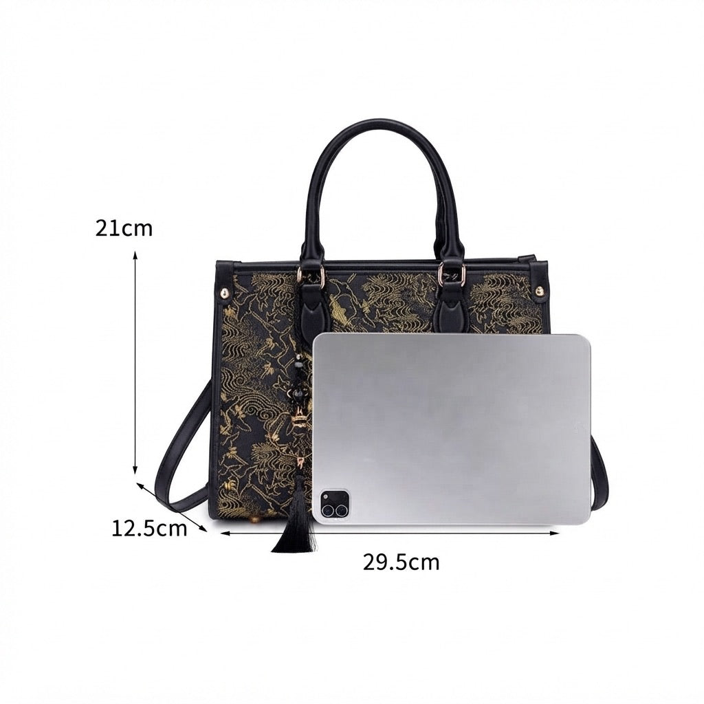 Mystic Crane Motif Vegan Eco-Leather Satchel Clutch Bag