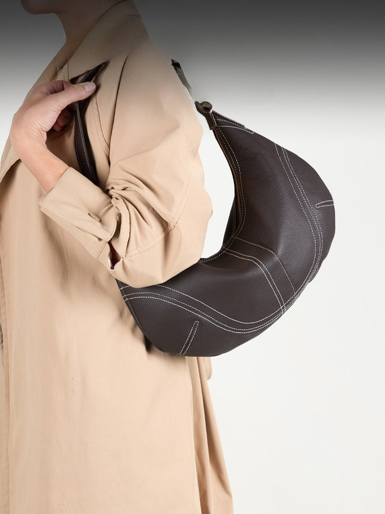 The Pebbled Genuine Leather Hobo Shoulder Bag with Contrast Stitching