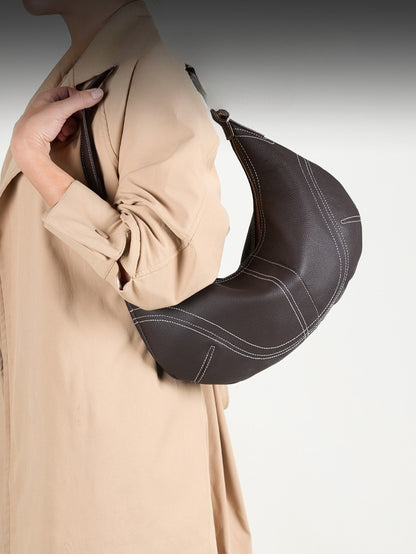 The Pebbled Genuine Leather Hobo Shoulder Bag with Contrast Stitching