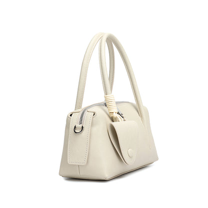Minimalist Genuine Leather Boston Clutch Bag with Detachable Leather Tag Charm