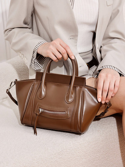 Maillard Style Genuine Leather Smile Flap Satchel Crossbody Bag