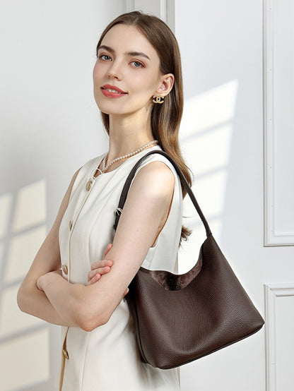 Versatile Genuine Leather Hobo Bucket Bag with Adjustable Shoulder Strap