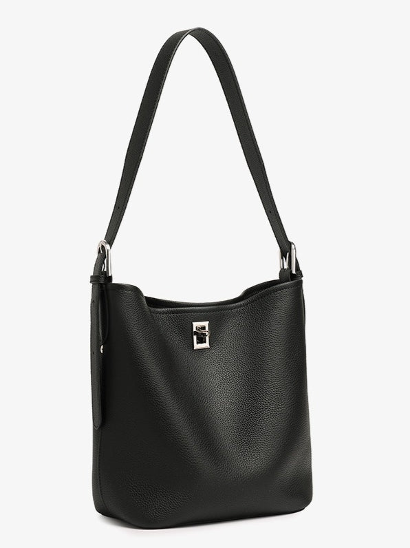 Sculpted Genuine Leather Medium Bucket Bag with Clean Linear Topstitching