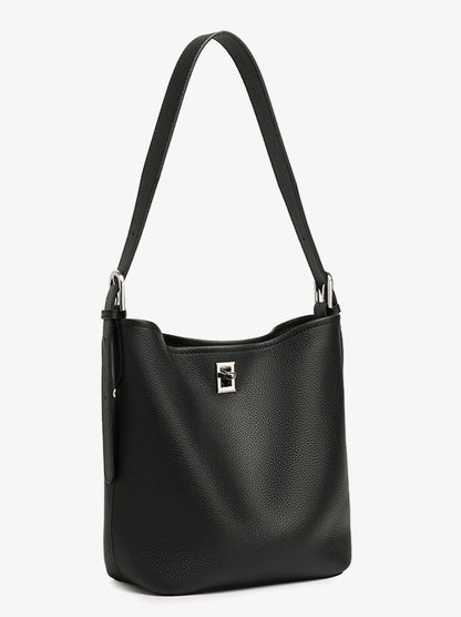 Sculpted Genuine Leather Medium Bucket Bag with Clean Linear Topstitching