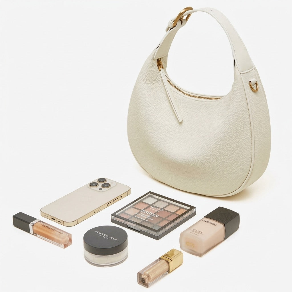 Borsa minimalista a spalla e tracolla a mezzaluna in vera pelle martellata