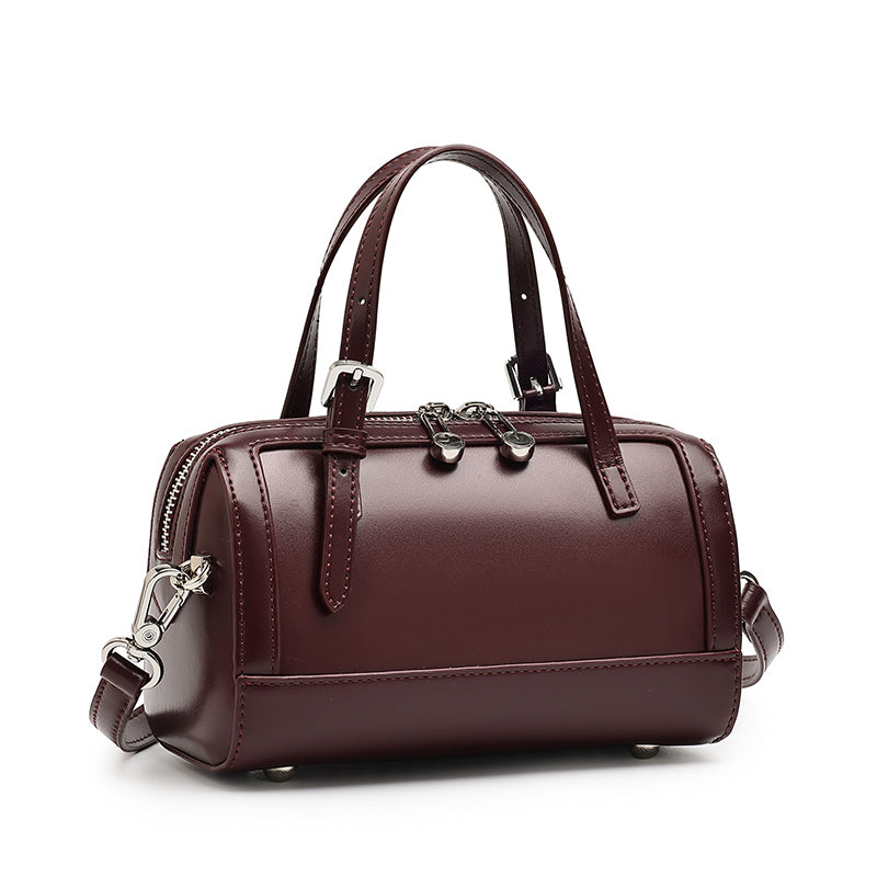 Retro Maillard Genuine Leather Boston Barrel Bag