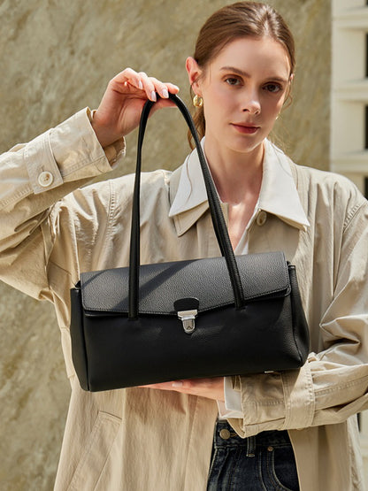 Sleek Pebbled Grain Texture Flap Genuine Leather Tote Clutch Bag