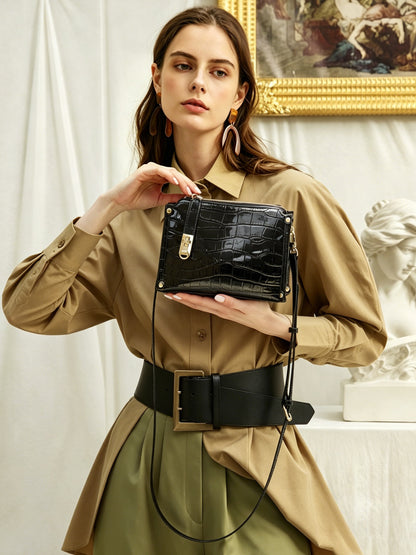Borsa vintage a spalla e tracolla con manico in vera pelle effetto coccodrillo lucido