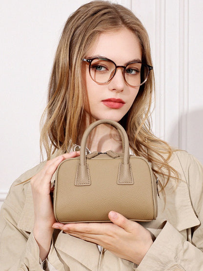 Cushiony Pebbled Genuine Leather Mini Boston Clutch Bag