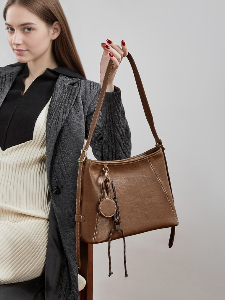 Artisan Stitched Genuine Leather Bag - Vintage Western Shoulder Tote with Tassel