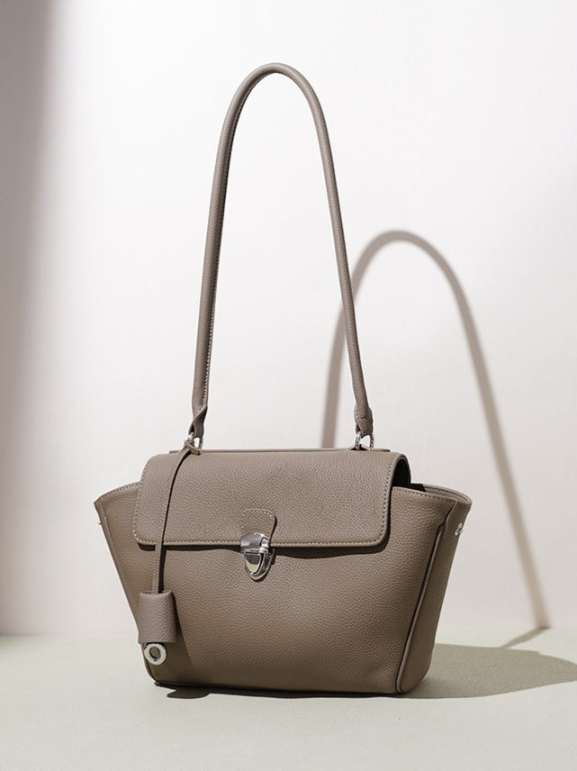 Quiet Luxe Pebbled Genuine Leather Winged Flap Tote Clutch Bag