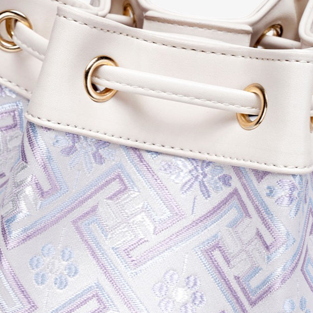 Gentle Oriental Brocade Vegan Eco-Leather Bucket Clutch Bag with Tassel Charm