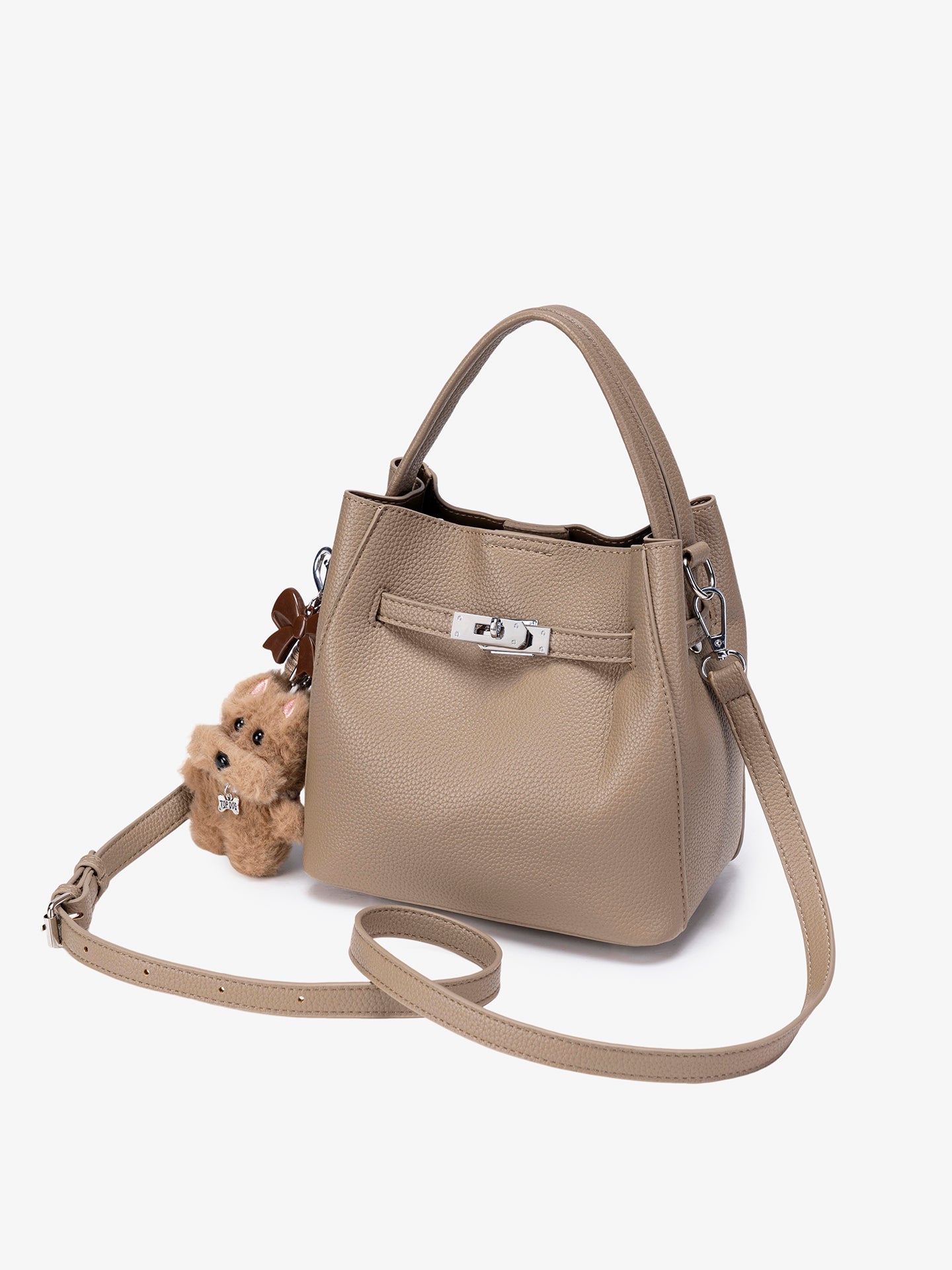 Mellow Pebble Textured Vegan Eco-Leather Bucket Bag with Fluffy Puppy Charm