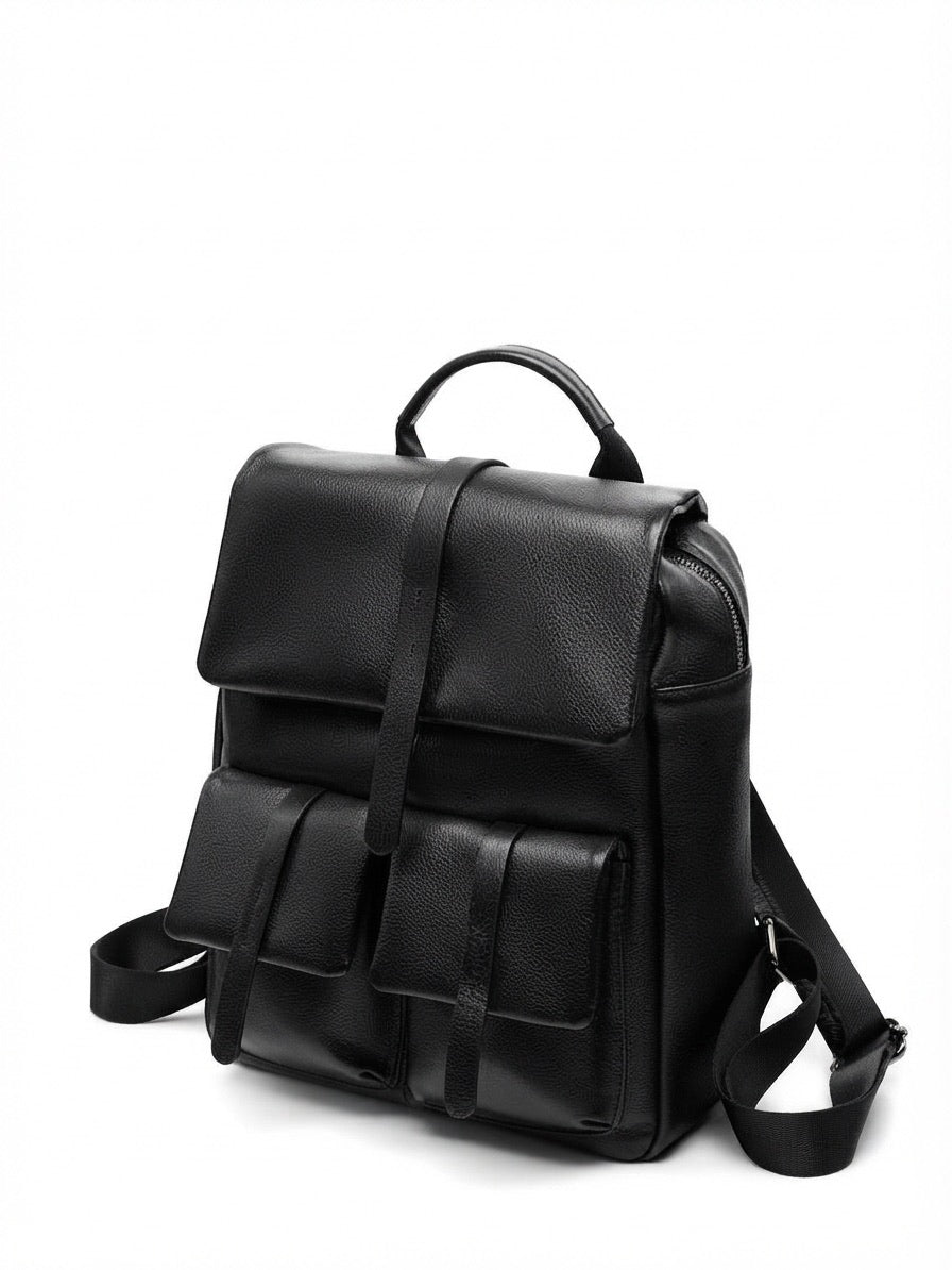 Sac à dos à rabat en cuir véritable grainé grande capacité minimaliste