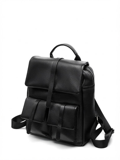 Sac à dos à rabat en cuir véritable grainé grande capacité minimaliste