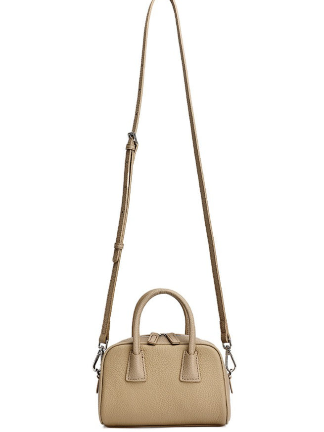 Cushiony Pebbled Genuine Leather Mini Boston Clutch Bag