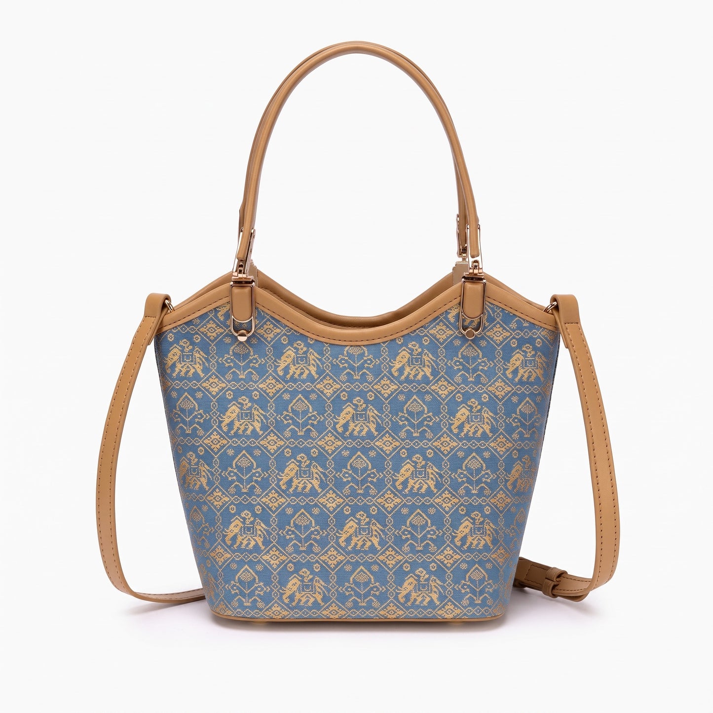 Refined Golden Elephant Motif Vegan Eco-Leather Bucket Clutch Bag