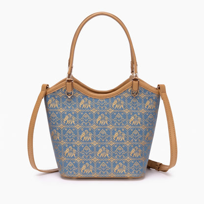 Refined Golden Elephant Motif Vegan Eco-Leather Bucket Clutch Bag