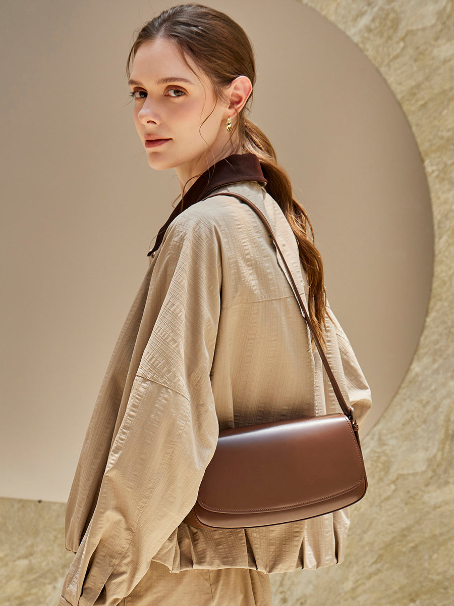 Minimalist Vintage Genuine Leather Baguette Saddle Bag