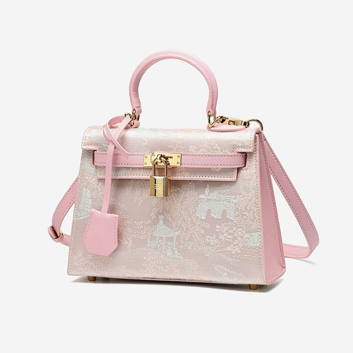Elegant Oriental Brocade Genuine Leather Kelly Clutch Bag with Charm