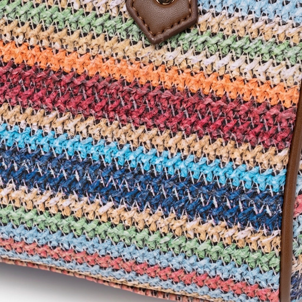 Romantic Striped Woven Vegan Eco‑Leather Mini Boston Clutch Bag