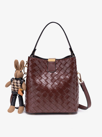 Retro Woven Vegan Eco-Leather Bucket Clutch Bag With Stuffed Bunny Charm