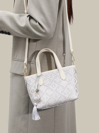 Mellow Oriental Jacquard Vegan Eco-Leather Tote Clutch Bag with Tassel Charm