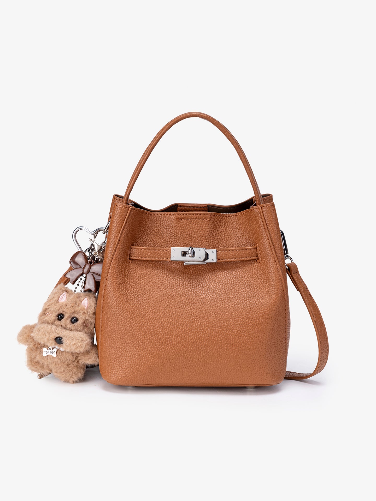 Mellow Pebble Textured Vegan Eco-Leather Bucket Bag with Fluffy Puppy Charm