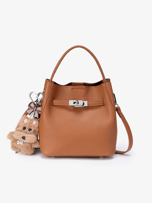 Mellow Pebble Textured Vegan Eco-Leather Bucket Bag with Fluffy Puppy Charm