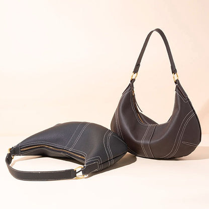 The Pebbled Genuine Leather Hobo Shoulder Bag with Contrast Stitching