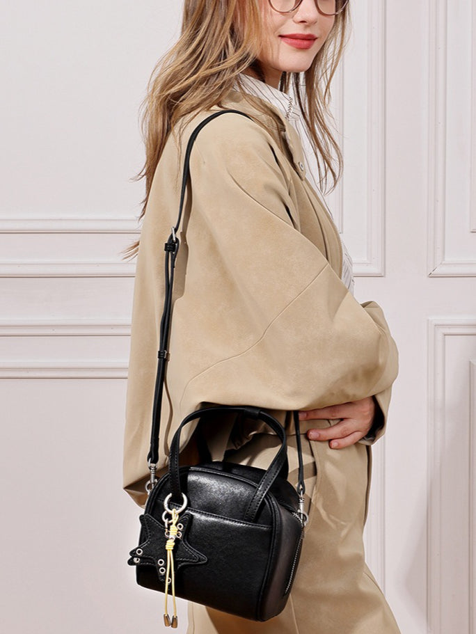 Chic Petite Genuine Leather Mini Boston Clutch Bag with Playful Star Charm