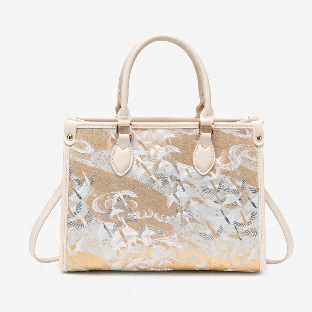 Artisanal Crane Motif Vegan Eco-Leather Tote Clutch Bag