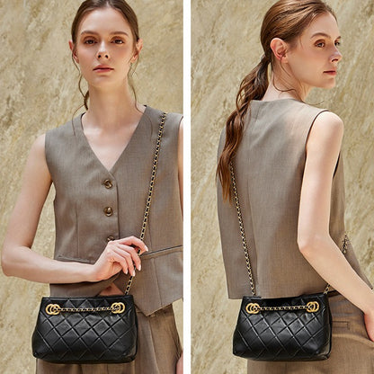 Classic Quilted Sheepskin Genuine Leather Chain Mini Tote Clutch Bag