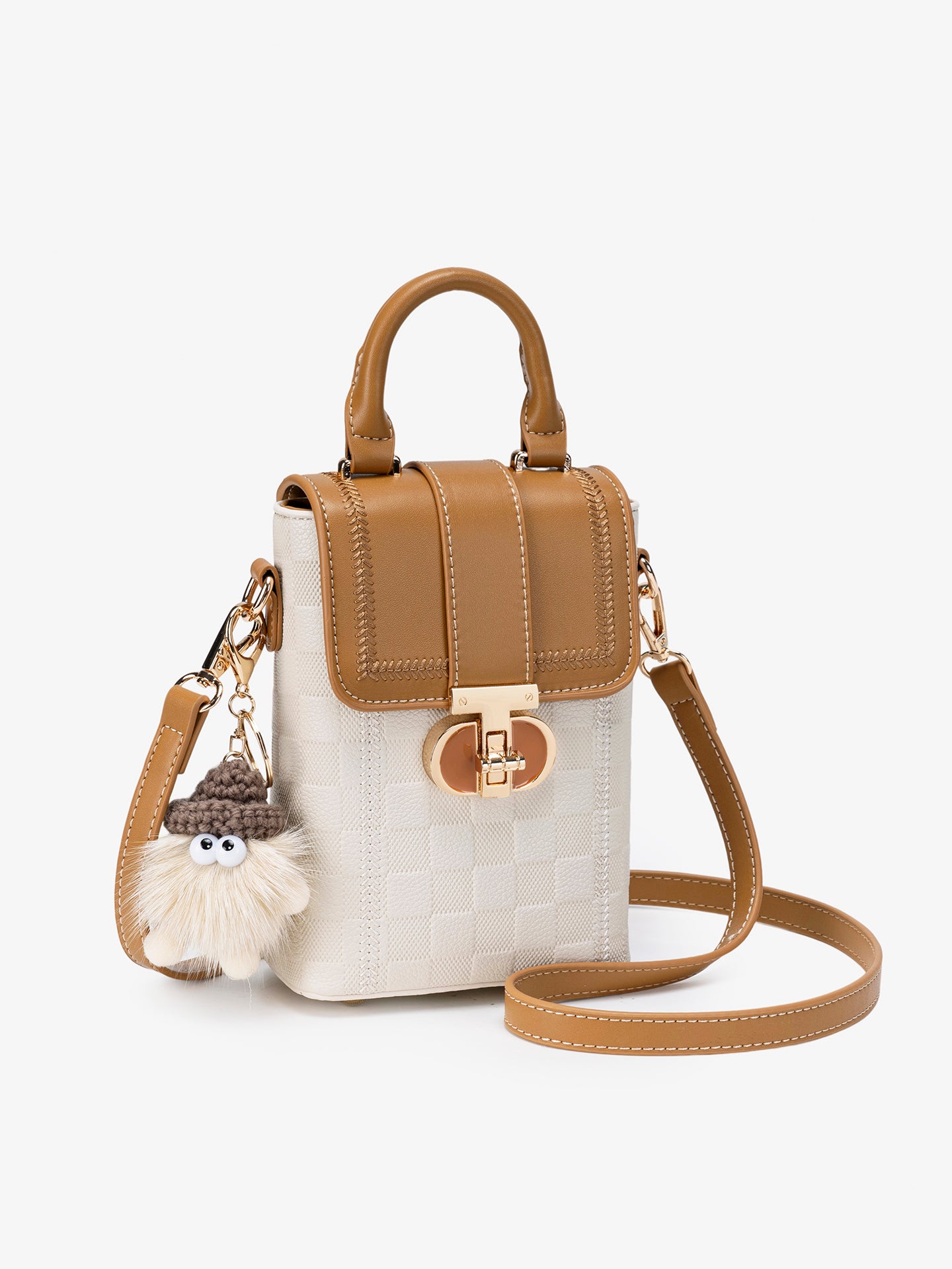 Elegant Color-Block Vegan Eco-Leather Clutch Phone Bag with Fluffy Charm