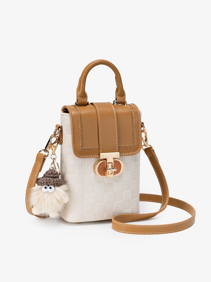 Elegant Color-Block Vegan Eco-Leather Clutch Phone Bag with Fluffy Charm