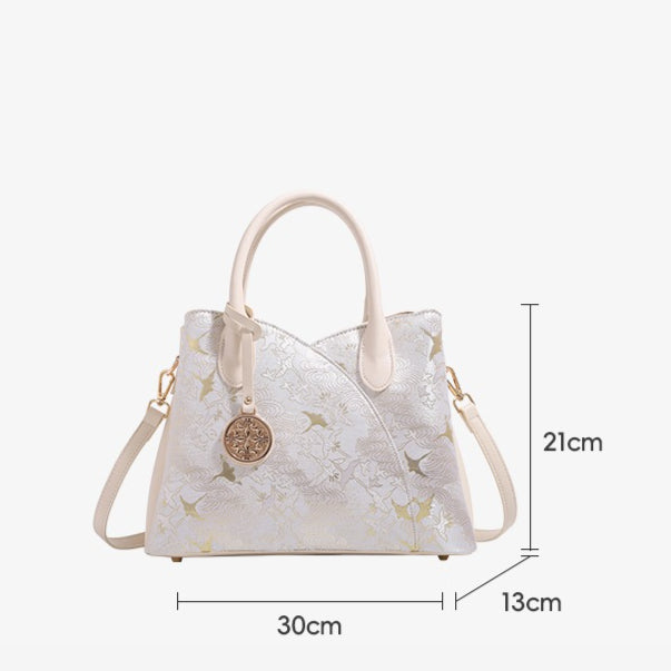 Elegant Flying Crane Motif Vegan Eco-Leather Tote Clutch Bag with Hollow Metal Charm