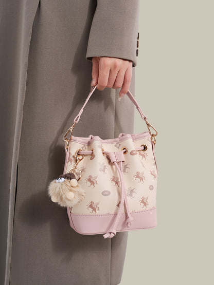 Ethereal Pegasus Pattern Vegan Eco-Leather Bucket Clutch Bag with Lovely Charm