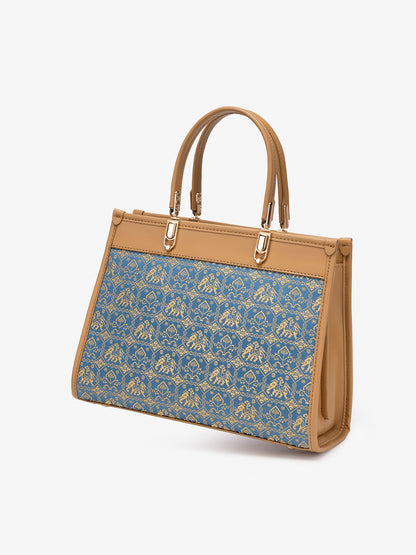 Ornate Geometric Golden Elephant Motif Vegan Eco-Leather Satchel Clutch Bag