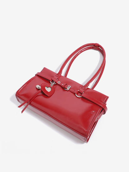 Vintage Glossy Vegan Eco‑Leather Clutch Bag with Heart Charm