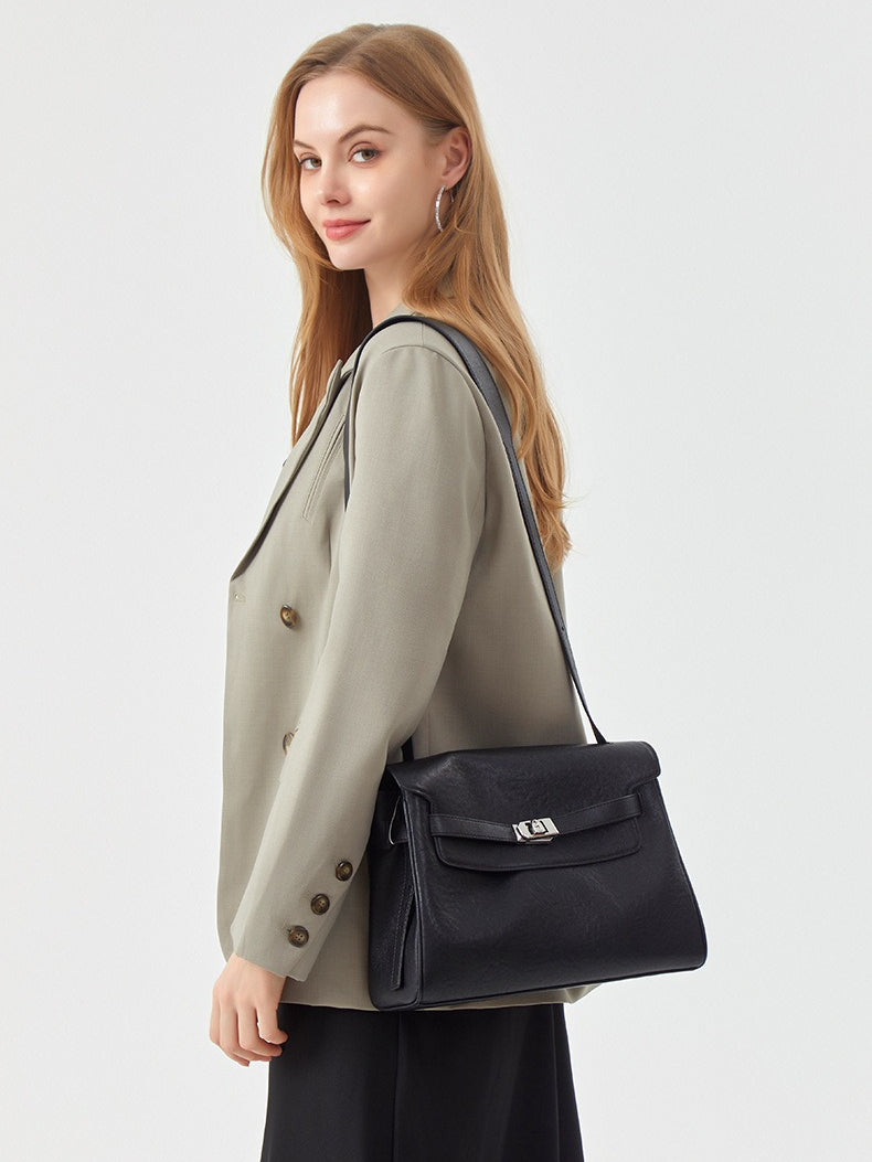 Vintage Lock-Accent Satchel Crossbody Genuine Leather Bag