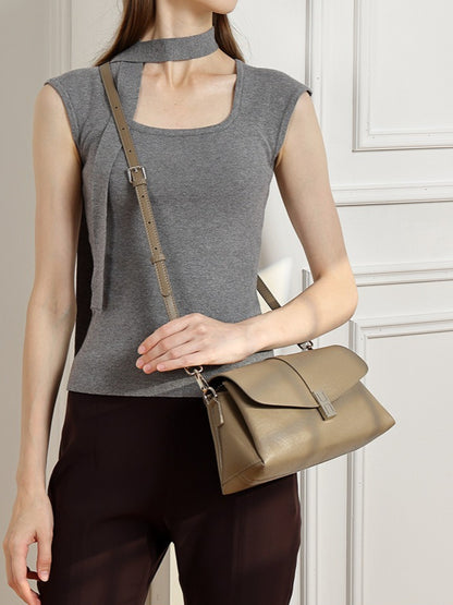 Minimalist Genuine Leather Shoulder Bag with Signature H Buckle