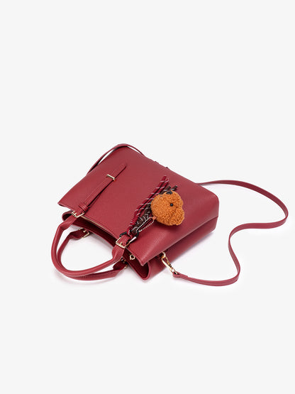 Polished Pebbled Vegan Eco-Leather Tote Clutch Bag With Teddy Charm