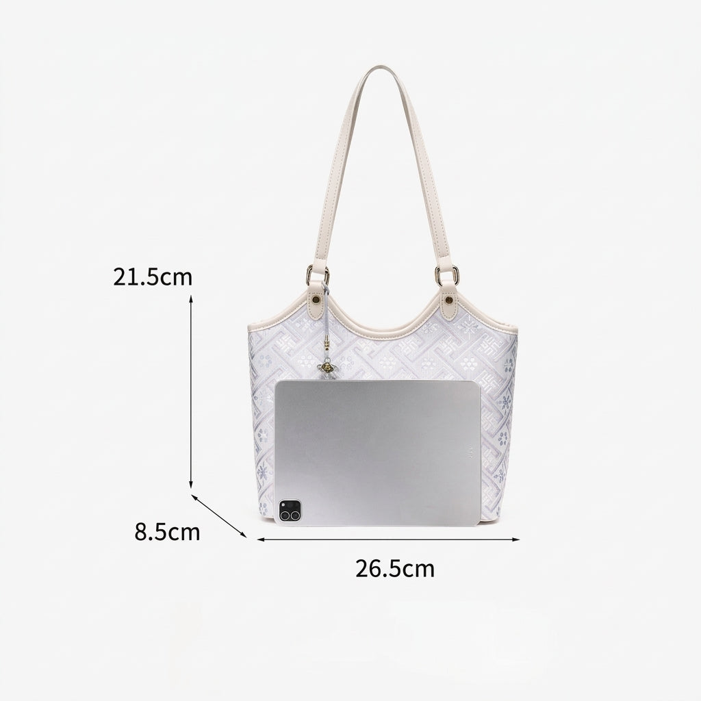 Refined Brocade Vegan Eco-Leather Tote Clutch Bag with Intricate Tassel Charm