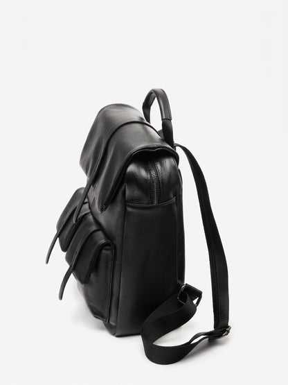 Sac à dos à rabat en cuir véritable grainé grande capacité minimaliste