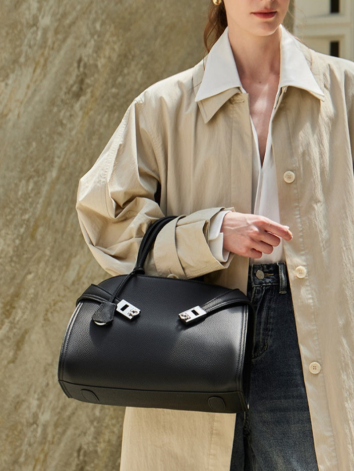 Luxury Retro Genuine Leather Lychee Pattern Double Buckle Tote Crossbody Bag
